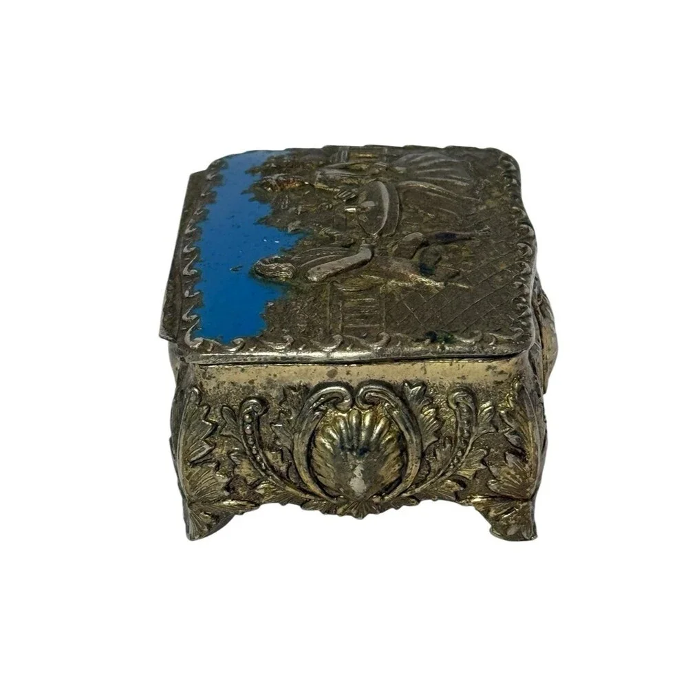 Vintage Repousse Metal Enamel Trinket Jewelry Box Courting Couple Made in  Japan